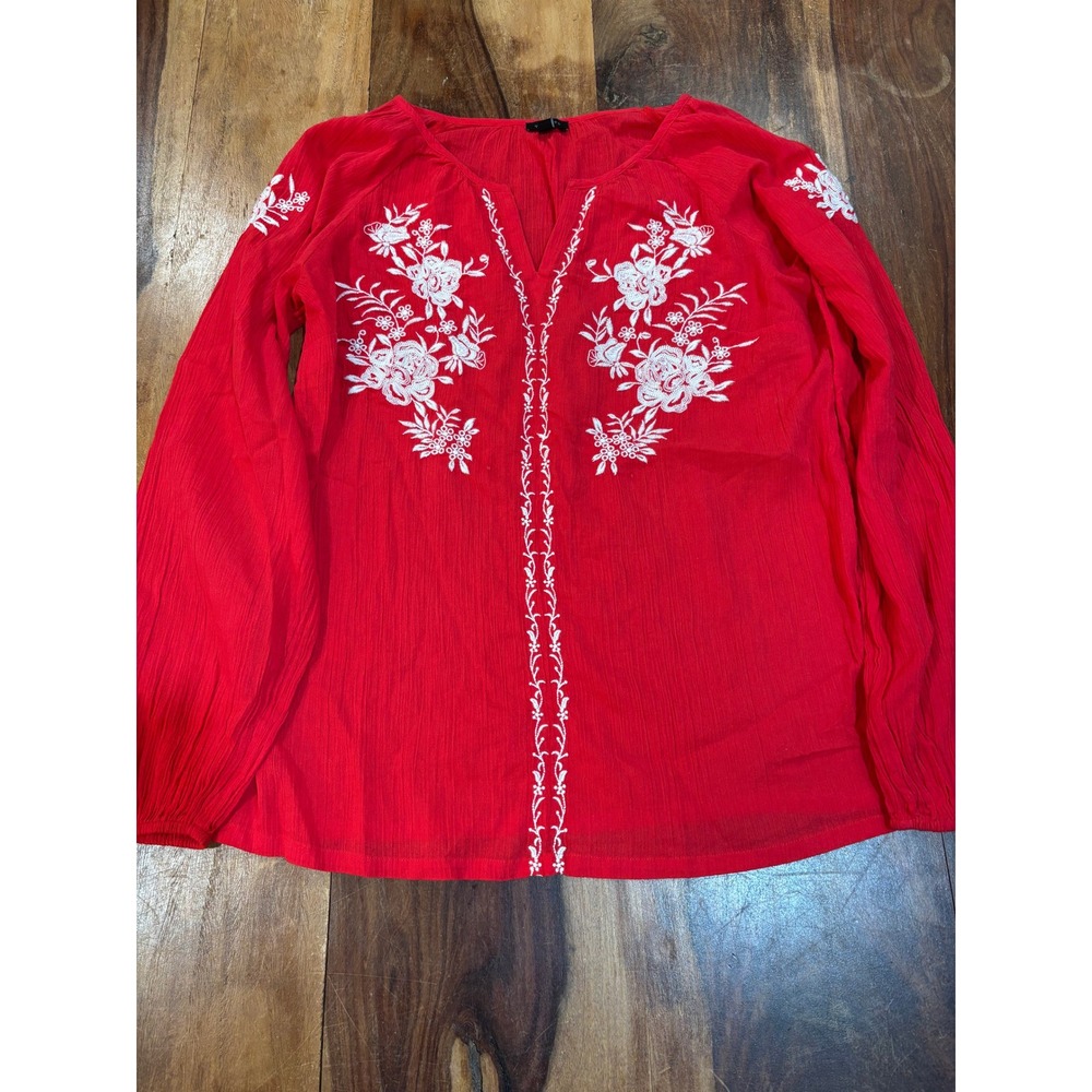 Talbots red embroidered floral peasant blouse split v-neck long sleeve sz small